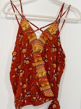 Crave Fame Womens Blouse Orange Yellow Floral Sleeveless Spaghetti Strap M